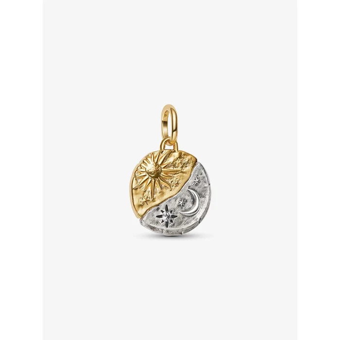 Pandora celestial sun and moon coin charm in two-tone gold and silver with star accents.