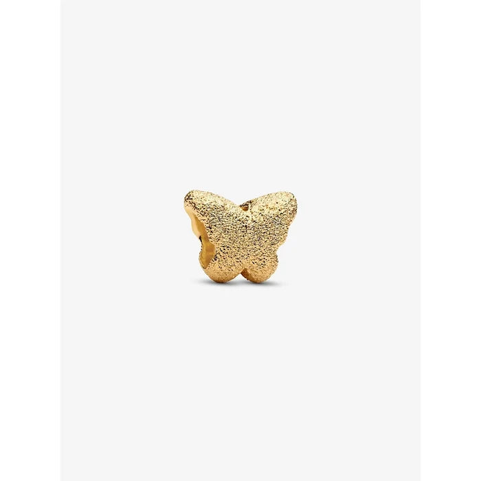 Close-up of a gold butterfly charm bead, featuring a textured finish and soft rounded wings.