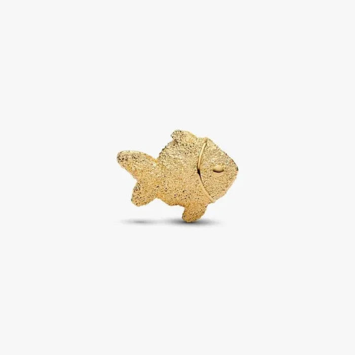 Gold fish-shaped pendant on a white background