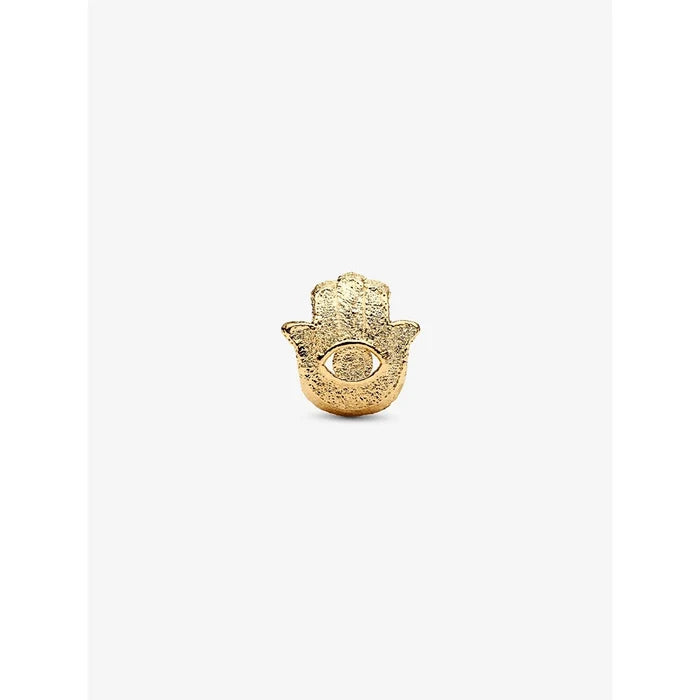 Gold Hamsa Hand charm with textured finish and central eye detail, symbolizing protection and positivity.