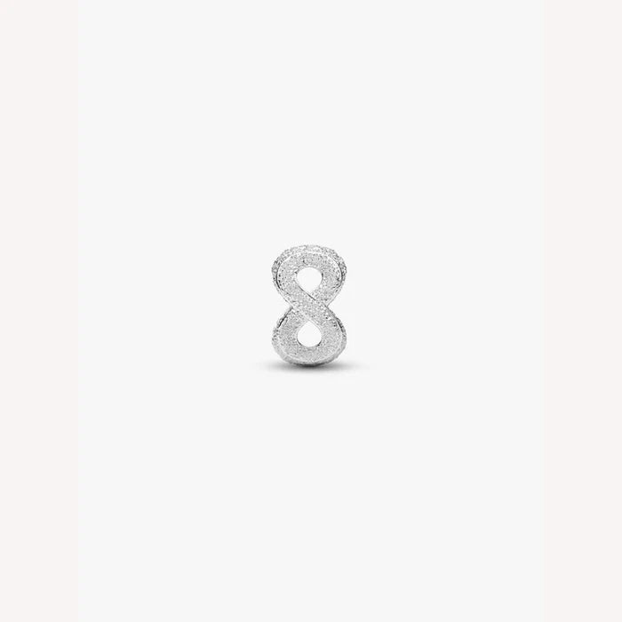 Silver number 8 charm on a white background