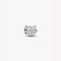 Silver owl-shaped charm on a white background