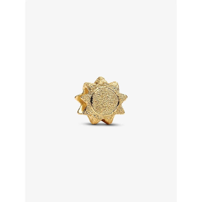 Close-up of 14k gold-plated textured sun charm with radiant detailing.