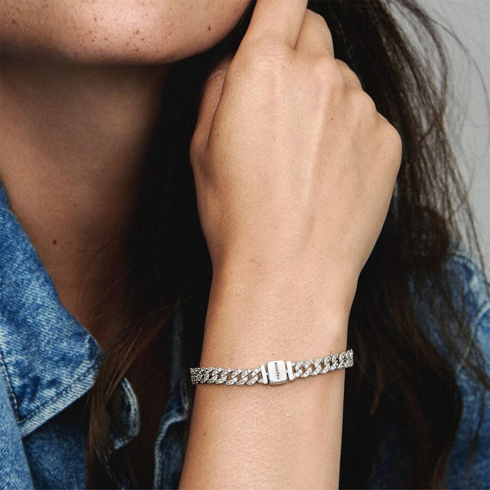 PANDORA : Timeless Pavé Cuban Chain Bracelet - Sterling Silver - PANDORA : Timeless Pavé Cuban Chain Bracelet - Sterling Silver