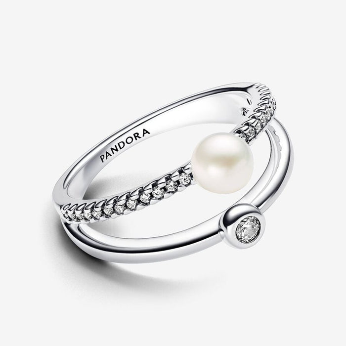 PANDORA : Treated Freshwater Cultured Pearl & Pavé Double Band Ring - Sterling Silver - PANDORA : Treated Freshwater Cultured Pearl & Pavé Double Band Ring - Sterling Silver