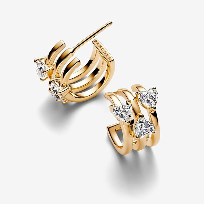PANDORA : Triple Heart Hoop Earrings - Gold - PANDORA : Triple Heart Hoop Earrings - Gold