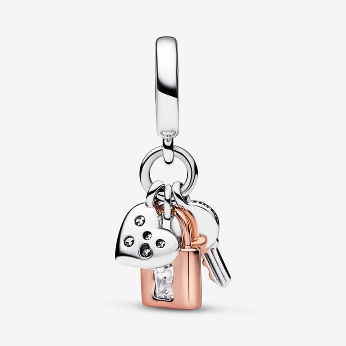 "PANDORA : Two-tone Key, Padlock & Heart Triple Dangle Charm -"