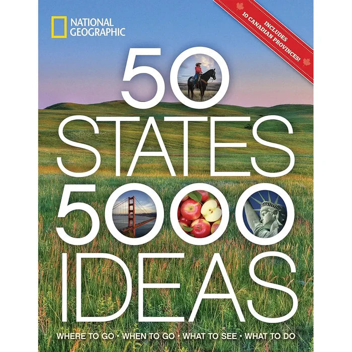 Book cover of '50 States 5000 Ideas' by National Geographic with images of a horse, apples, and a statue.