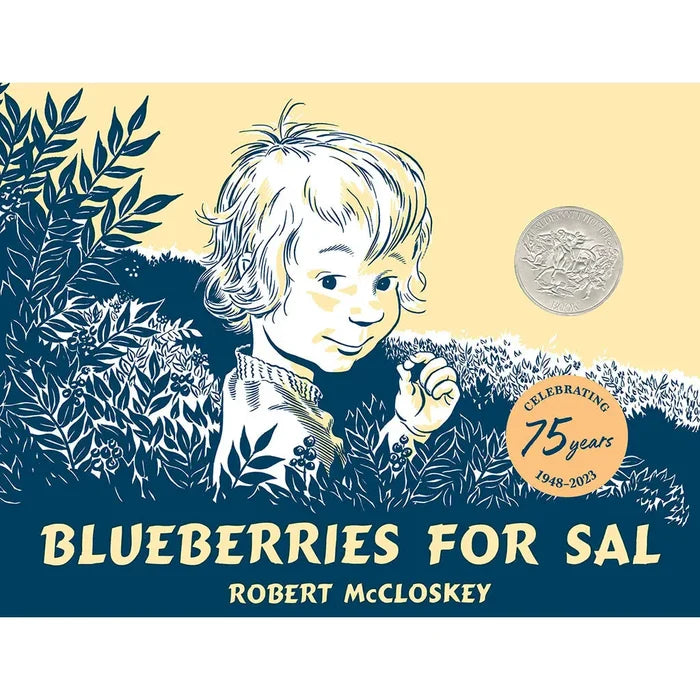 Book cover of 'Blueberries for Sal' by Robert McCloskey with a child illustration and decorative elements.
