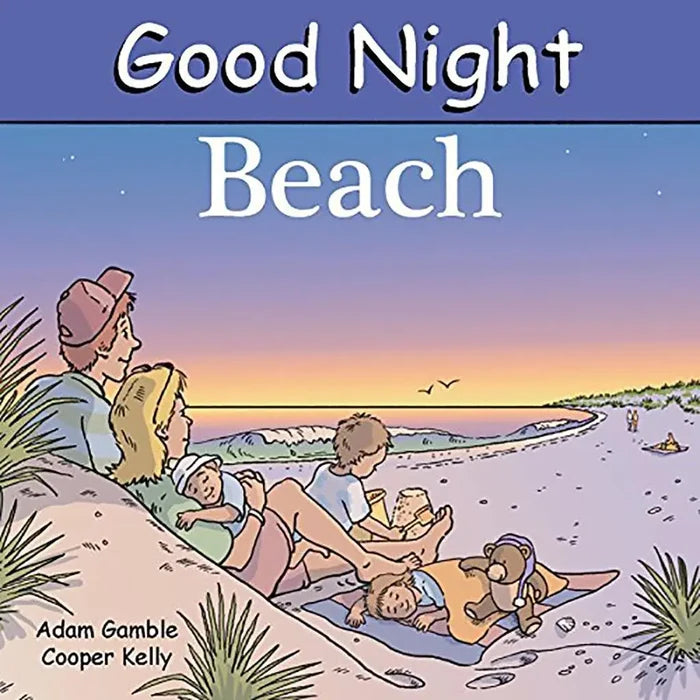 Book cover of 'Good Night Beach' with a family on a beach at sunset.