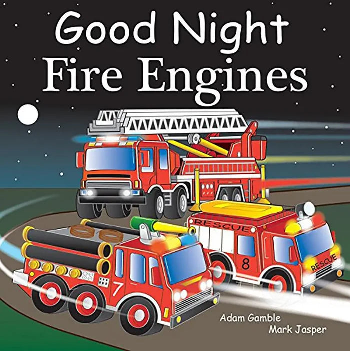 Book cover of 'Good Night Fire Engines' with illustrated fire trucks on a night sky background.