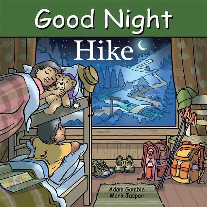 Illustration of a child in bed with a teddy bear, looking out a window at a hiking scene, with 'Good Night Hike' book cover.