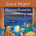 Book cover of 'Good Night Massachusetts' with a lighthouse and coastal scene.
