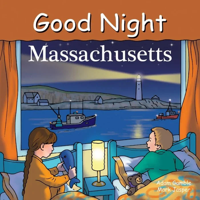 Book cover of 'Good Night Massachusetts' with a lighthouse and coastal scene.