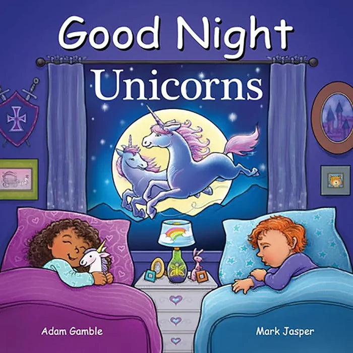Children's book cover titled 'Good Night Unicorns' with two children in bed and unicorns in the sky.