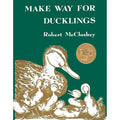 Book cover of 'Make Way for Ducklings' by Robert McCloskey with a green background and gold illustration of ducks.