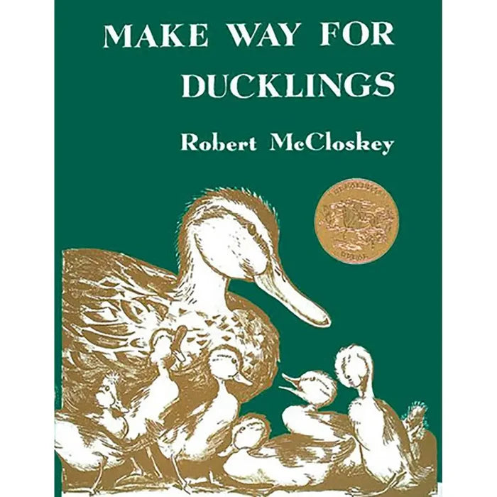 Book cover of 'Make Way for Ducklings' by Robert McCloskey with a green background and gold illustration of ducks.