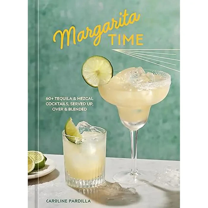 Book cover of 'Margarita Time' with margarita glasses and lime slices on a green background.