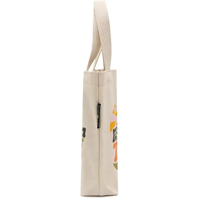 Beige tote bag with a colorful design on a white background
