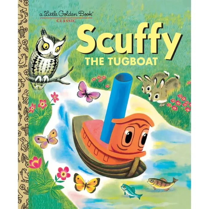 Book cover of 'Scuffy the Tugboat' with illustrations of a boat, owl, rabbit, and butterflies.