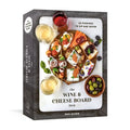 Board game box for 'The Wine & Cheese Board' with food illustrations and text on a white background