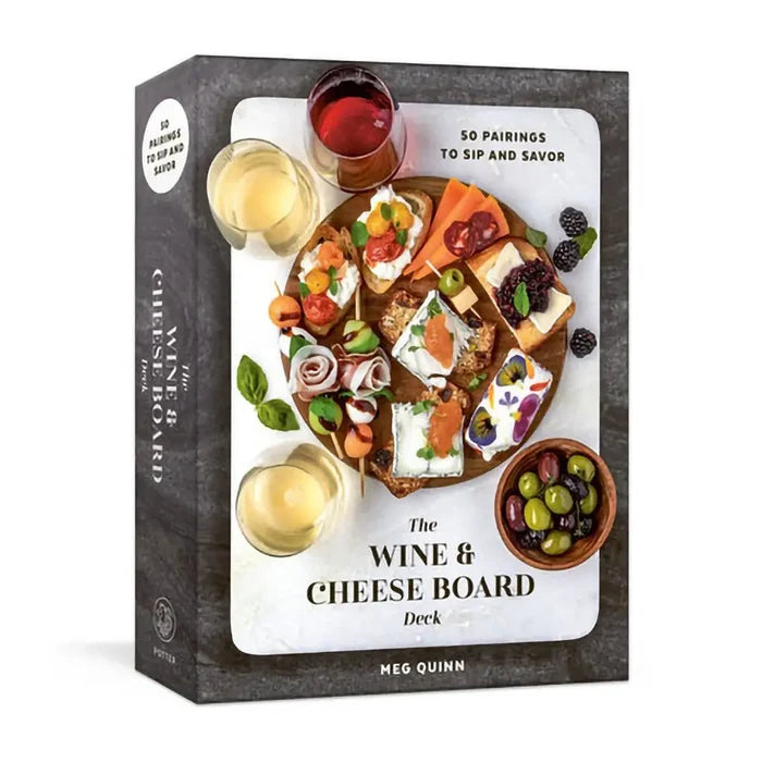 Board game box for 'The Wine & Cheese Board' with food illustrations and text on a white background