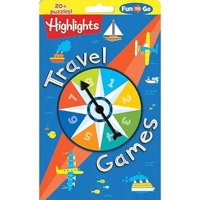 Packaging of Highlights Travel Games with colorful design and compass illustration.