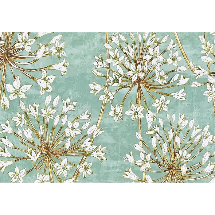 Pattern of white flowers with gold centers on a teal background