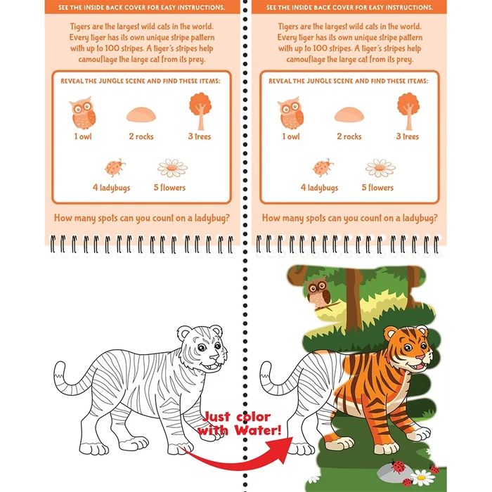 Educational children's book page with tiger illustrations and counting activities.