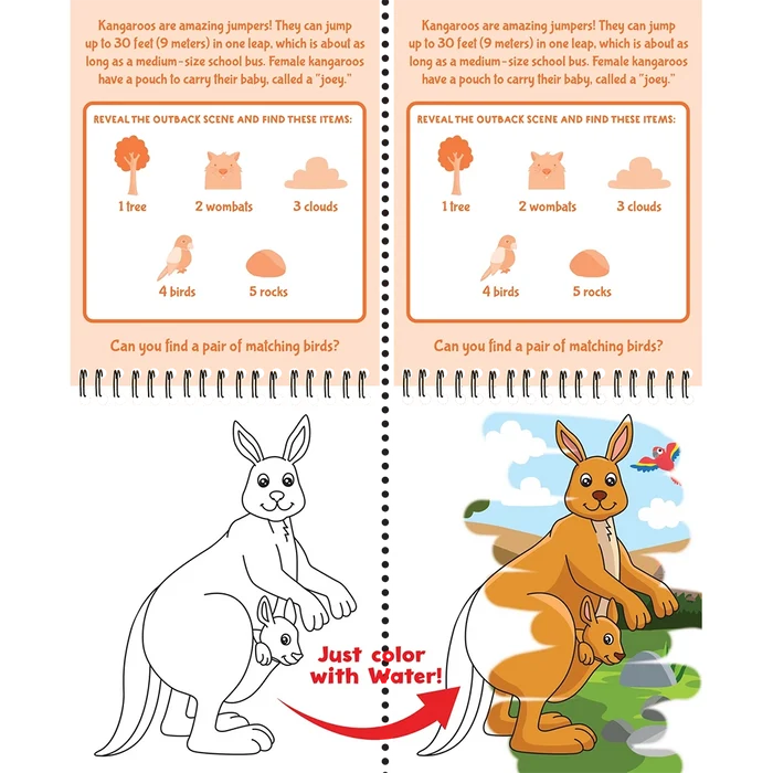 Educational children's book page with kangaroo illustrations and interactive elements.