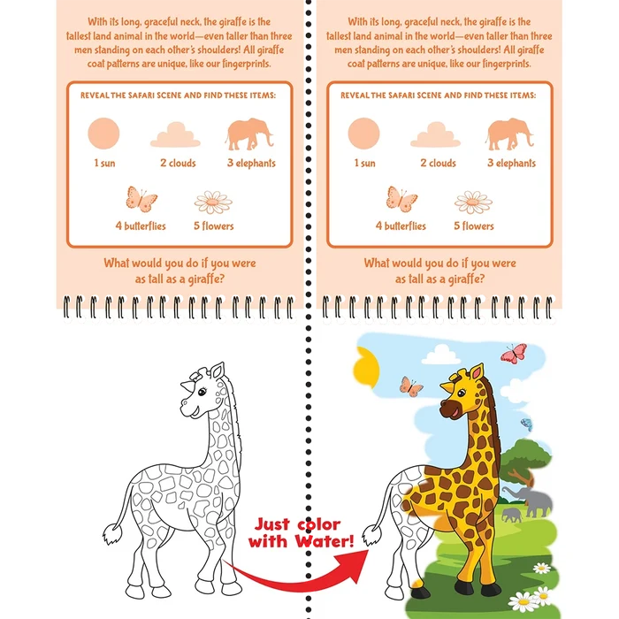 Educational children's book page with giraffe illustrations and activities.