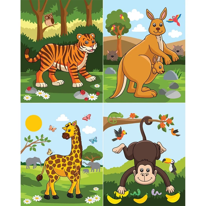 Set of four illustrations featuring a tiger, kangaroo with baby, giraffe, and monkey in a natural setting.