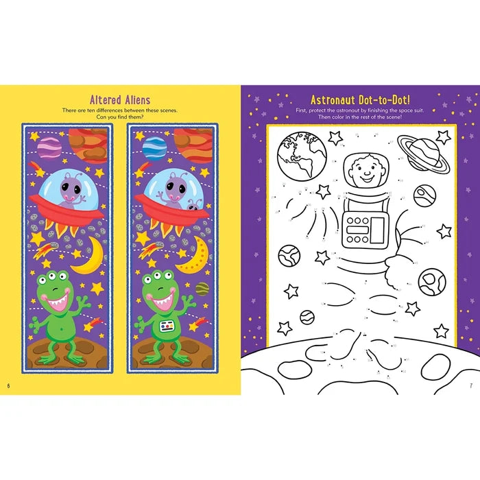 Educational pages with space-themed activities for children, including a dot-to-dot and a find-the-difference game.