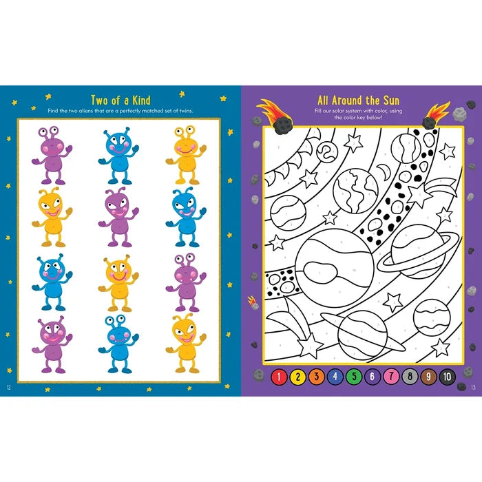 Educational activity book with coloring and matching games for children on a white background.