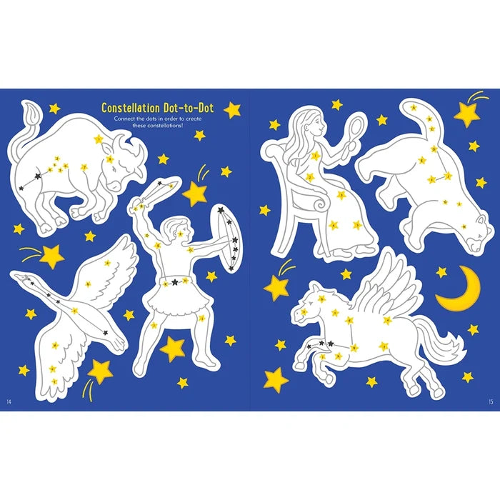 Constellation Dot-to-Dot activity sheet with white outlines on a blue background