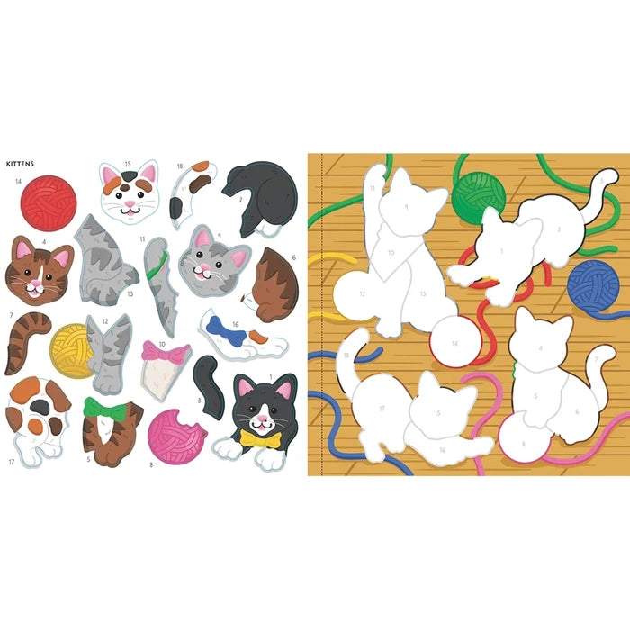 Set of cat-themed stickers on a white background