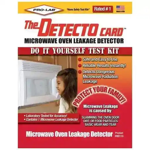 Pro-Lab Detecto Card Microwave Oven Leakage Detector packaging with a child looking into a microwave.