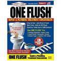 One Flush septic and plumbing treatment concentrate packaging with text and images of a toilet and treatment device.