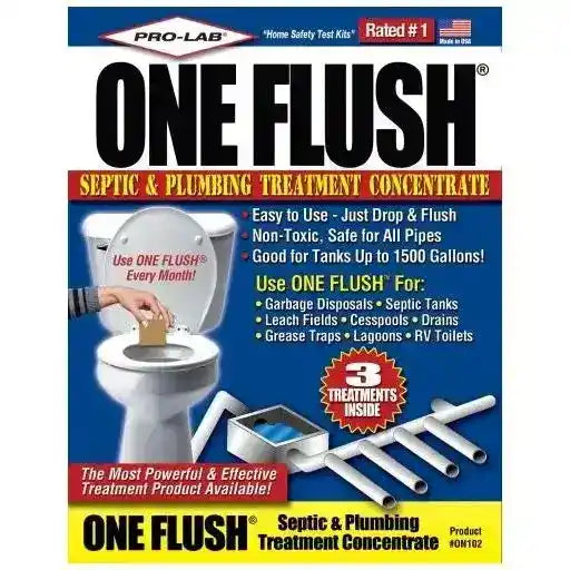 One Flush septic and plumbing treatment concentrate packaging with text and images of a toilet and treatment device.