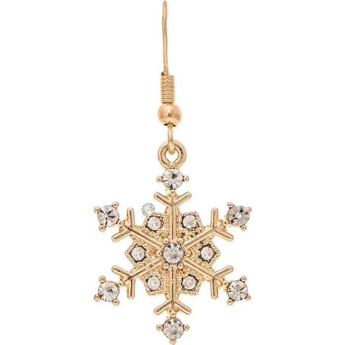Gold snowflake earring with clear gemstones on a white background