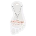 Sand & Stone anklet on a clear plastic stand with branding.