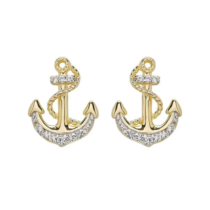 Ship anchor Gold with crystal accents  Shanore stud earrings on a white background