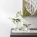 A clear glass vase characterized by a flowing wavy design, emphasizing its stylish and contemporary appearance.