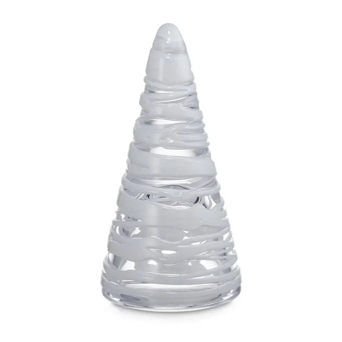 8" Snowdrift Conical Tree is wrapped in delicate, hand-sculpted ribbons of glass on  white background