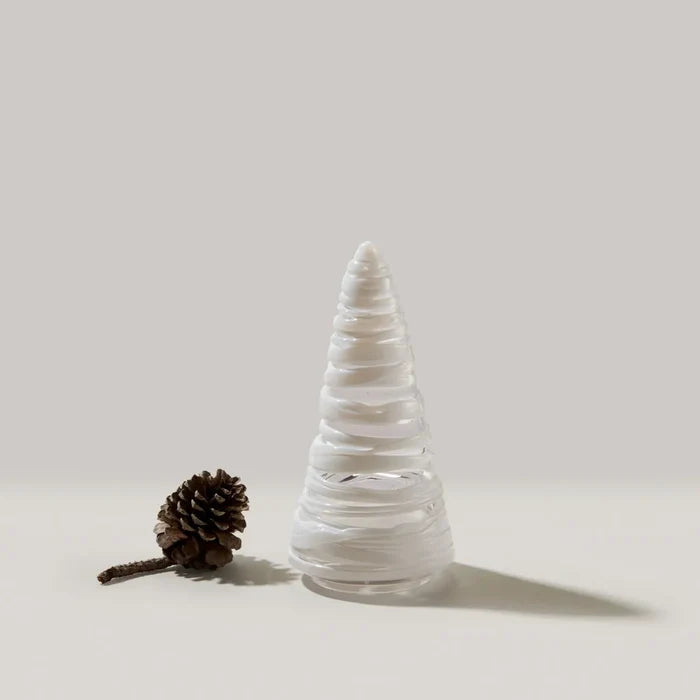 White decorative Snowdrift Conical 8"                Tree is wrapped in delicate, hand-sculpted ribbons of glass on a light background