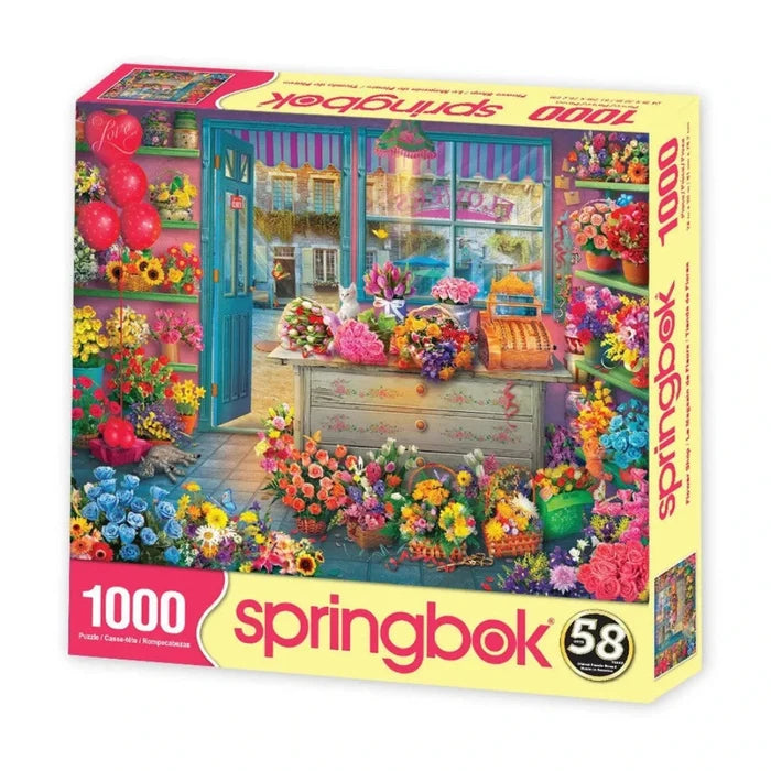 Springbok 1000-piece puzzle box with a colorful floral store design on a white background