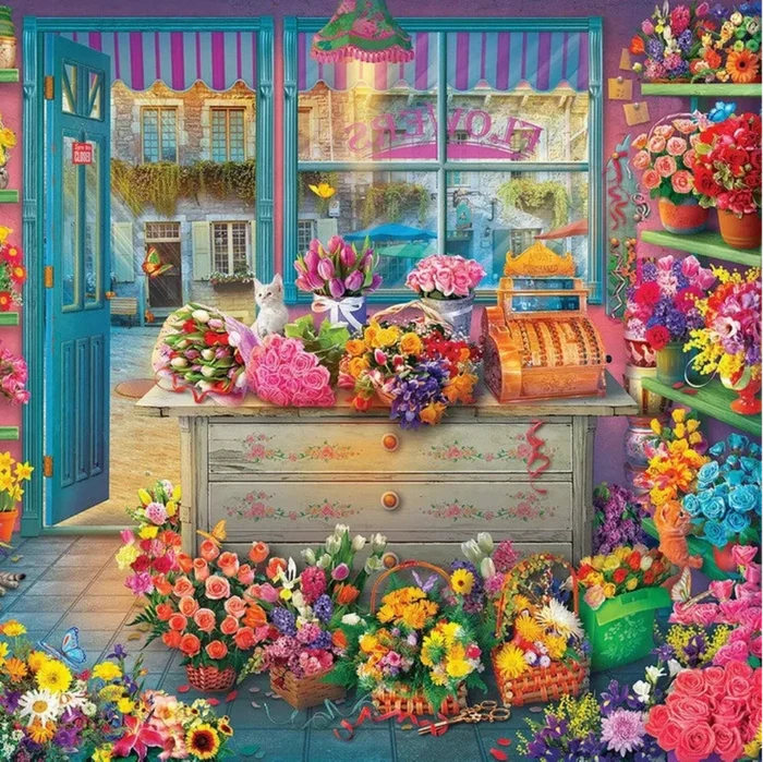 Colorful flower shop interior with flowers and a cash register.