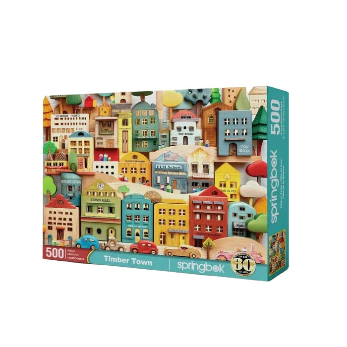 Jigsaw puzzle box featuring a colorful town scene with 'springbok' branding.