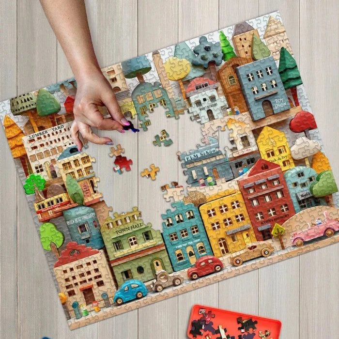 Colorful puzzle of a cityscape with missing pieces on a wooden surface