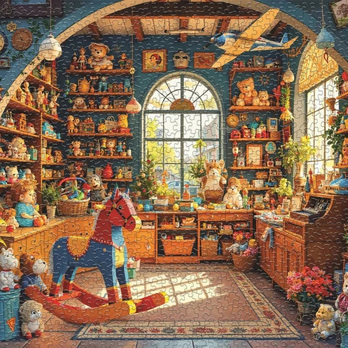 Colorful puzzle  artwork of a toy store interior with shelves filled with toys and decorations.